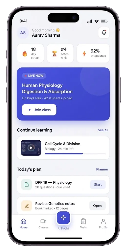 Student app home showing live classes, schedule and progress